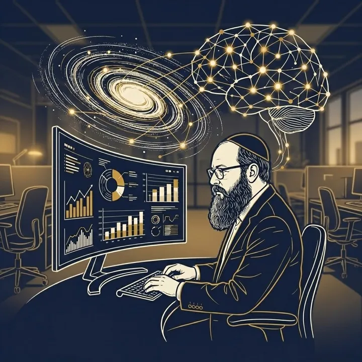 Astrophysicist analyzing data with galaxy merging into neural network
